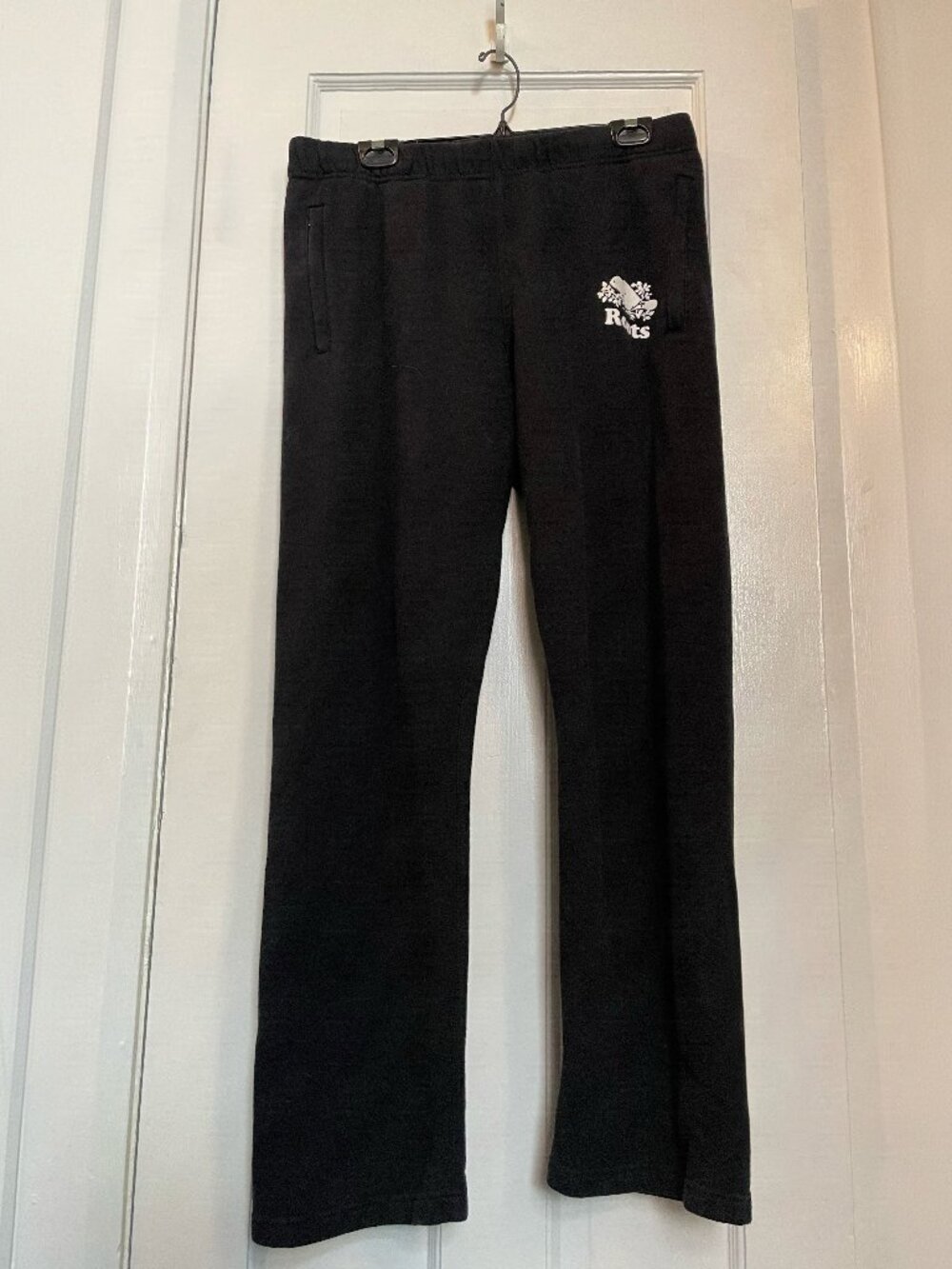 Roots Organic Heritage Sweatpants Black with White Logo.  Size: Men L Women XL